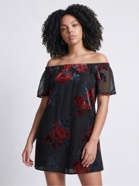 As U Wish Black Off-Shoulder Dress with Red Floral Burnout